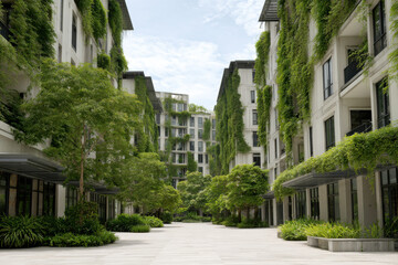 Obraz premium stunning urban landscape featuring buildings with green facades and lush greenery
