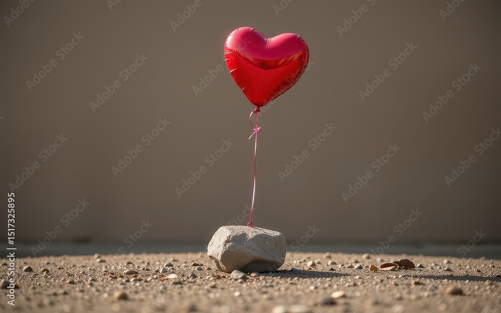 Poster seduction expressive concept. a heart-shaped balloon anchored by a stone on a textured surface.