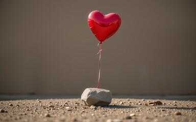 Seduction expressive concept. A heart-shaped balloon anchored by a stone on a textured surface.