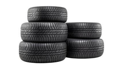 Stack of six black tires isolated on a transparent background