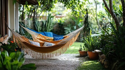 Escape to tranquility in a cozy hammock nestled within lush greenery promising a restful day in a peaceful backyard