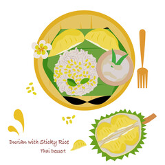 Fototapeta premium Vector illustration of sticky rice with durian (Thai dessert) on white background.