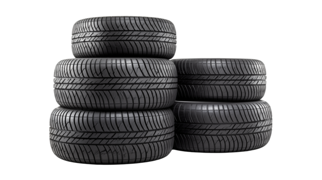 Stack of six black tires isolated on a transparent background