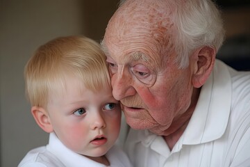 Elderly man shares a tender moment with young boy in a warm and intimate setting, capturing the bond between generations