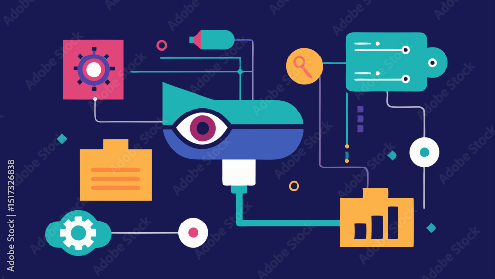 Poster ai surveillance analysis an abstract representation of a cctv camera with digital overlays of matric