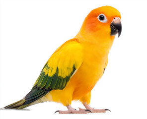 Obraz premium Full body image of sun parakeet bird, Aratinga solstitialis, isolated on white