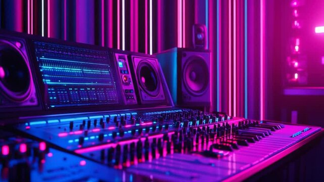 Captivating neon music studio setup with vibrant lights for creative music production