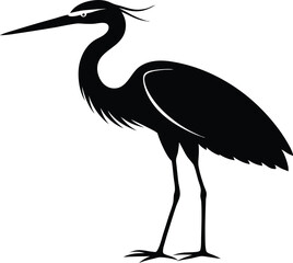 Vector silhouette of a heron standing on one leg, Black silhouette of a heron vector illustration