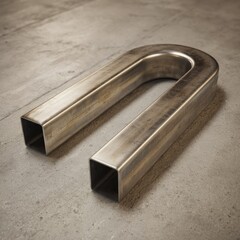 A U-shaped metal object, constructed from square tubing, rests on a textured surface.  Its metallic finish shows subtle variations in tone