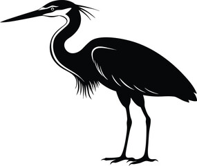 Vector silhouette of a heron standing on one leg, Black silhouette of a heron vector illustration