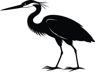 Vector silhouette of a heron standing on one leg, Black silhouette of a heron vector illustration