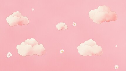 Pastel pink background with fluffy clouds and flowers.