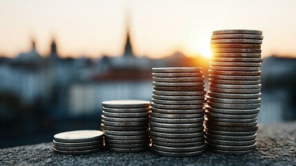 Stacks of coins rising against a sunset backdrop.