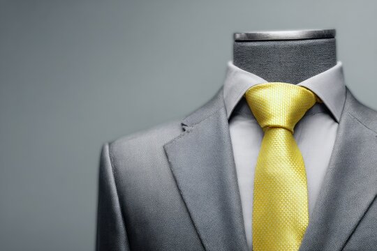 Close-up of a grey suit and yellow tie on a mannequin against a neutral background