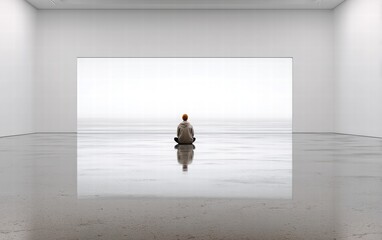 Fototapeta premium Person Meditating in Minimalistic Gallery Space with Large Window