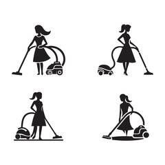 Silhouettes of  woman cleaning with vacuum cleaner vector on a white background.	