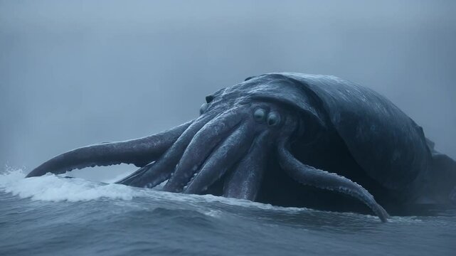 Giant squid emerging from misty ocean waves at dawn