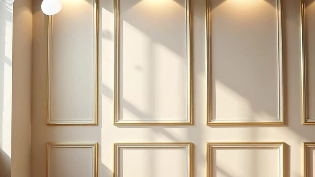 Elegant wall with golden framed panels and soft shadows creating a sophisticated interior design look