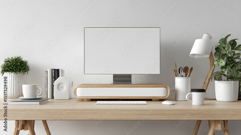 Poster modern minimalist home office desk setup with blank computer screen