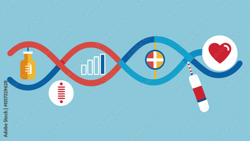Poster genetic code with health icons a flowing strand of genetic code integrated with icons representing d