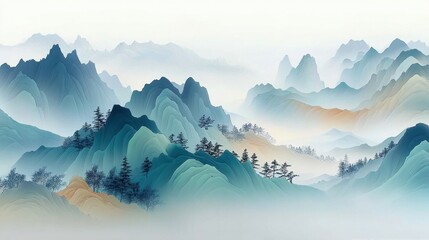 Misty Mountain Scenery in Oriental Style