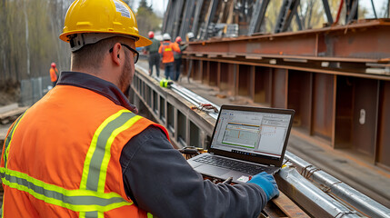 Construction Worker Using Laptop on Bridge Site