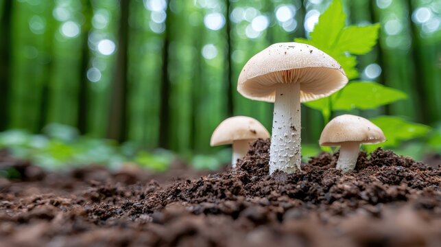 Mushrooms Growing in Forest Soil Stock Photo
