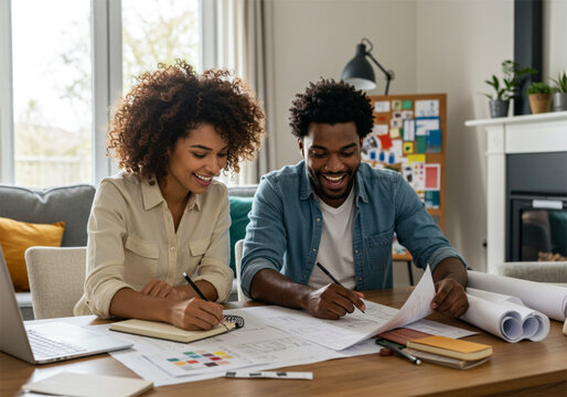 Happy diverse team planning new house design