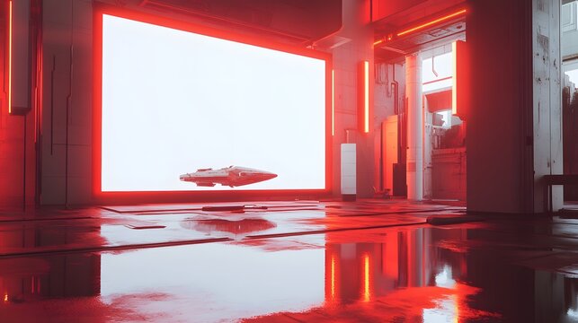 Futuristic hangar interior with a large screen and a flying vehicle.