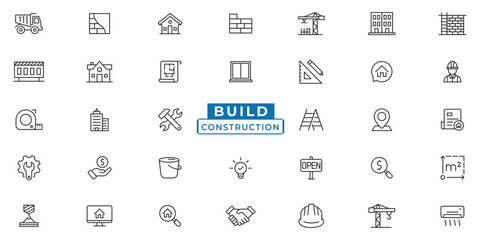 Build and construction icon set. Vector illustration of architecture, bulldozer, tools, foundation, cement, construction, crane, wall, building, palette, and bulldozer
