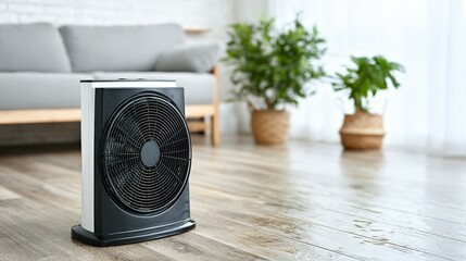 Modern black and white fan heater on a wooden floor.