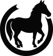  Horse head in horseshoe silhouette, horse or stallion inside horseshoe silhouette vector design 