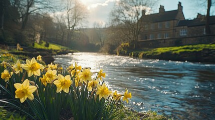 Golden daffodils announce spring s arrival along a sun dappled riverbank old stone house adding history with bokeh and