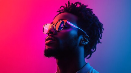 Portrait of a stylish man illuminated by vibrant neon lights and trendy glasses