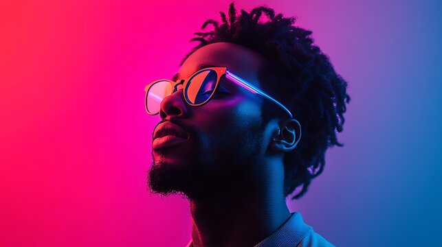 Portrait of a stylish man illuminated by vibrant neon lights and trendy glasses