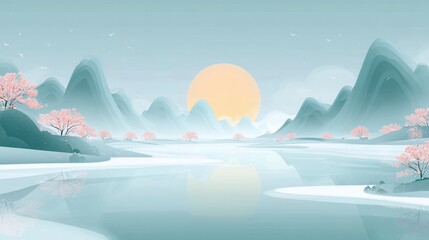 Peaceful Winter Mountain Landscape with Cherry Blossoms