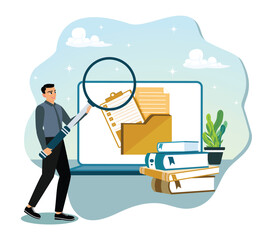 A businessman searches for electronic files on a laptop.