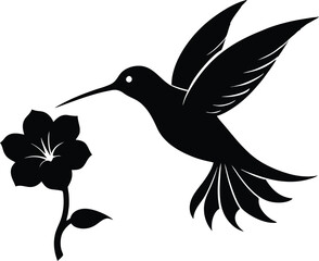 Flying hummingbird vector silhouette with flower, Flying hummingbird bird vector illustration