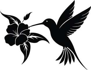 Flying hummingbird vector silhouette with flower, Flying hummingbird bird vector illustration