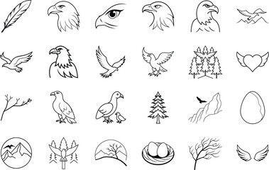 Eagle, Feather, Forest, Bird, Nature, Wildlife, Icon, Line Art, Symbol, Set
