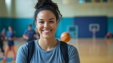 Smiling young woman in a gymnasium.