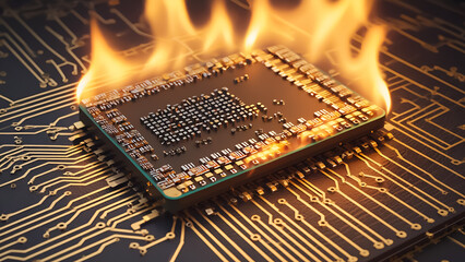 Circuit chips with burning flames.New generation of chips and electronic hardware
