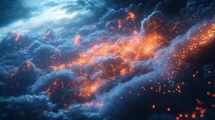 Obraz premium A celestial dance of fireflies among dreamy clouds igniting the night sky with wonder Dark teal