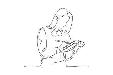 Woman writing notes in continuous line drawing style