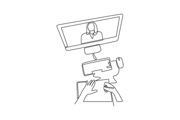 Student following online lesson taking notes on notebook with teacher on computer screen in continuous line drawing
