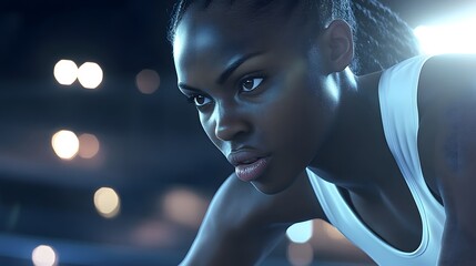 Close-up of a determined woman in athletic wear.