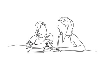 Continuous line drawing of two students studying together at school or college