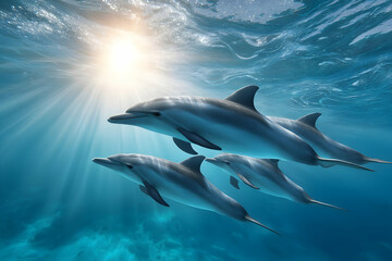 Obraz premium A pod of dolphins gracefully swimming in crystal-clear ocean water under radiant sunlight.