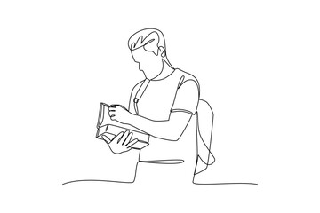 Young male student reading book continuous line drawing minimalist design