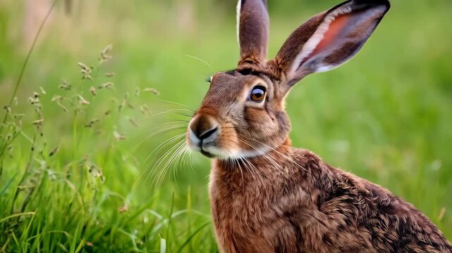 Alert brown hare sitting upright in tall green grass in a lush summer meadow looking cautiously to the left